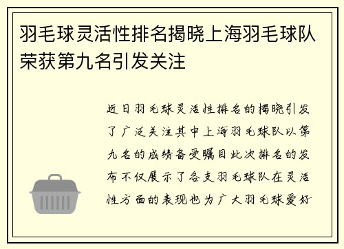 羽毛球灵活性排名揭晓上海羽毛球队荣获第九名引发关注