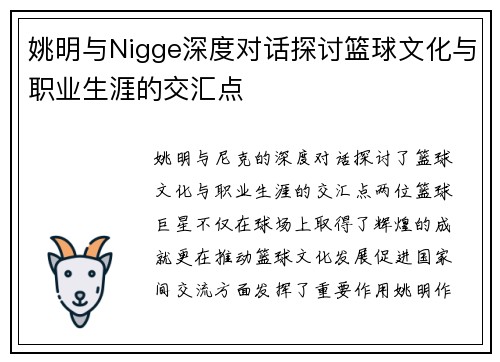 姚明与Nigge深度对话探讨篮球文化与职业生涯的交汇点