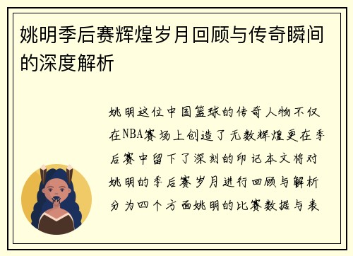 姚明季后赛辉煌岁月回顾与传奇瞬间的深度解析
