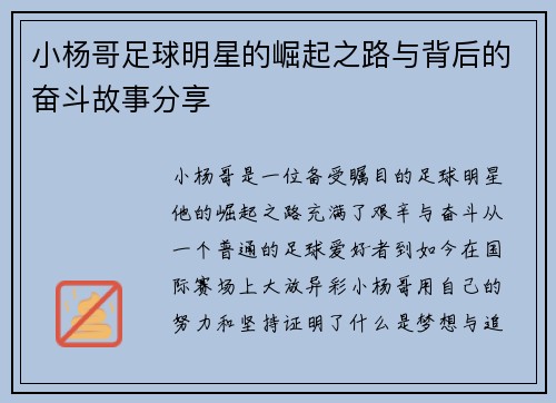 小杨哥足球明星的崛起之路与背后的奋斗故事分享